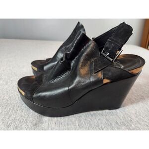 Eileen Fisher Wedge Sandals Womens 8 Black Leather Ruched Platform Slingback
